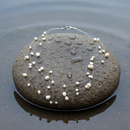 Zoetwater parelketting met witte parels in 3 rijen en sterling zilver (925) liggend op natte steen | Jill W