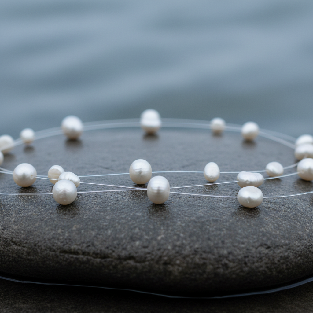 Zoetwater parelketting met witte parels in 3 rijen en sterling zilver (925) liggend op steen in water close up | Jill W