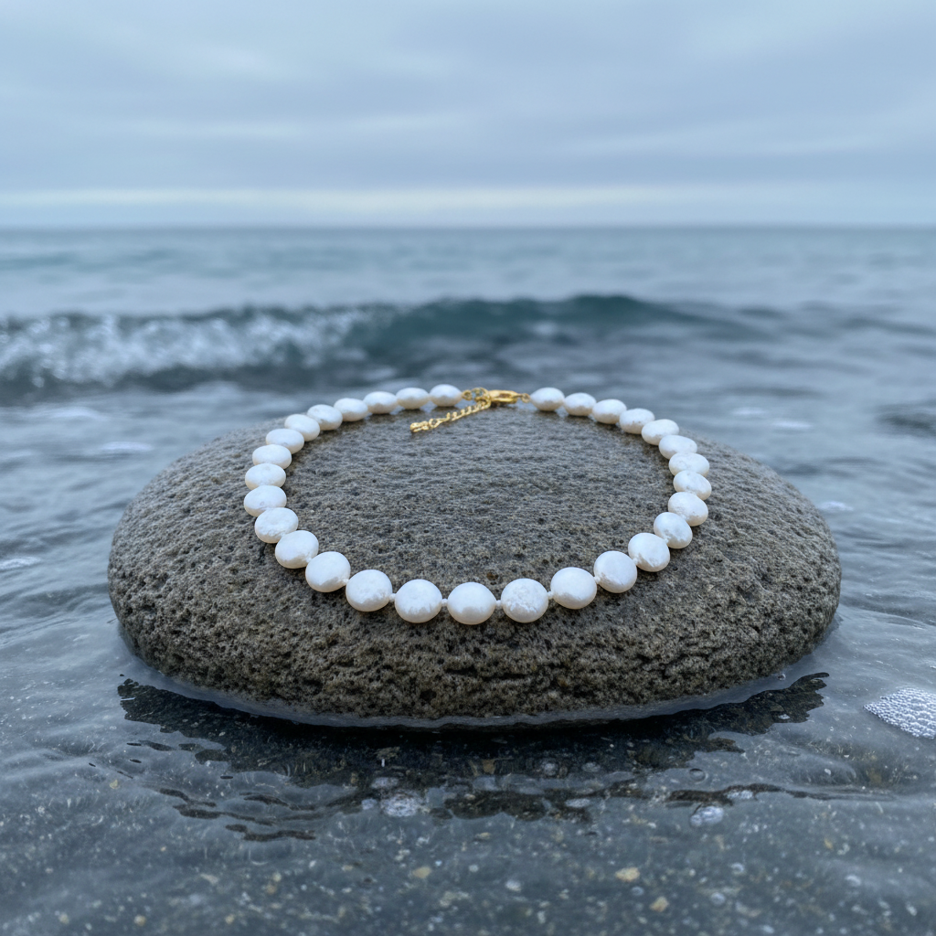 Witte zoetwater parelketting met coin parels en goud edelstaal liggend op steen in water| Little Coin Pearl