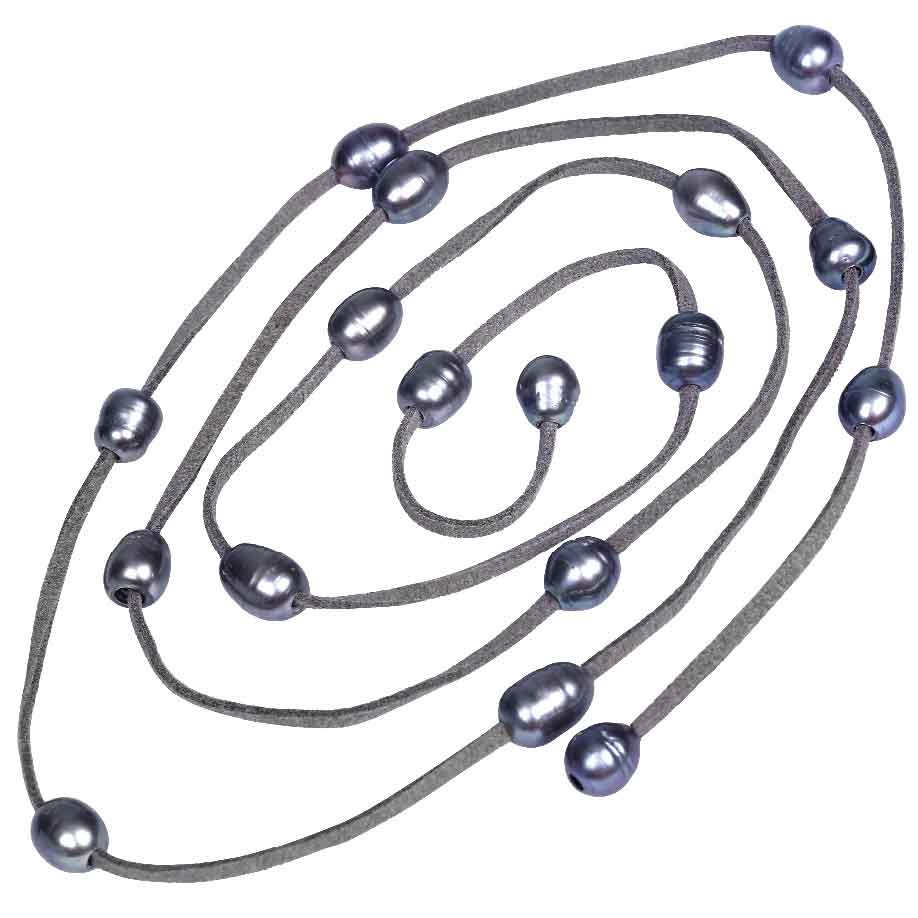 Zoetwater parelketting met donker grijze parels en grijs suede | Long Grey Suede