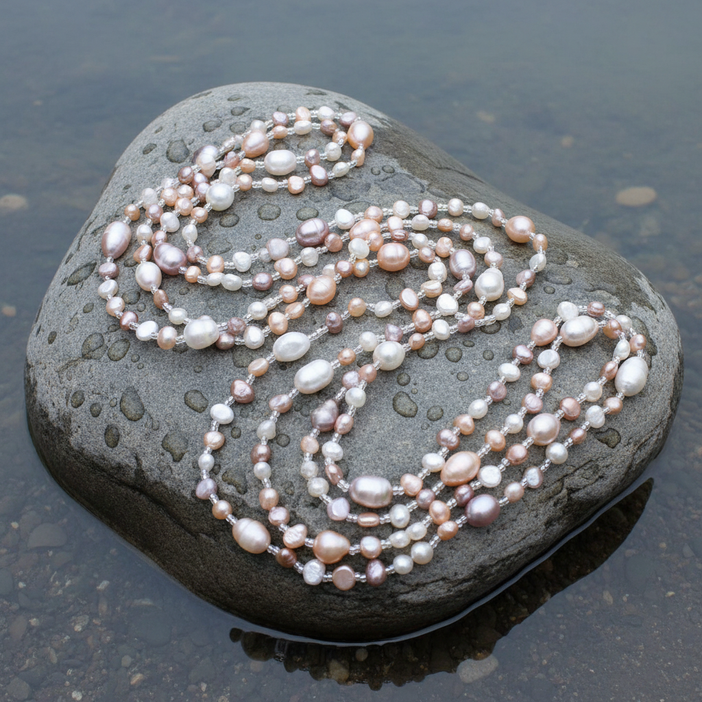 Lange zoetwater parelketting met witte, roze en zalm kleurige parels liggend op steen | Long Seed Bead Soft Colors