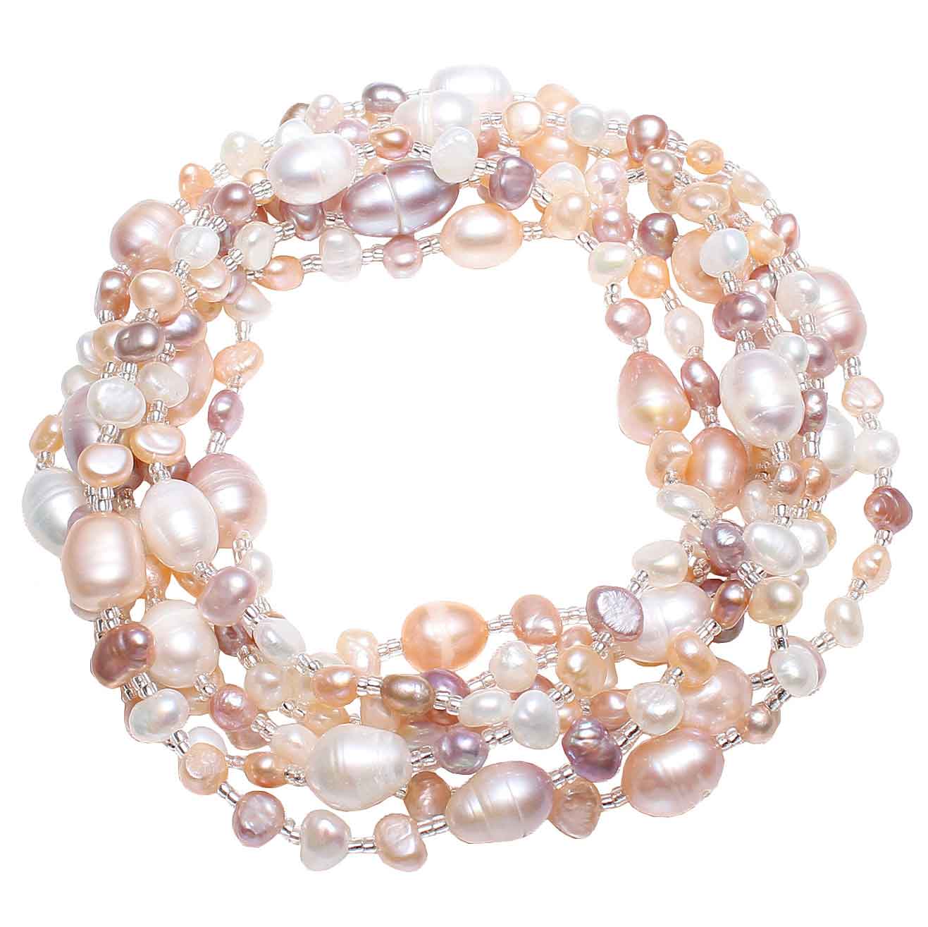 Lange zoetwater parelketting met witte, roze en zalm kleurige parels opgerold | Long Seed Bead Soft Colors