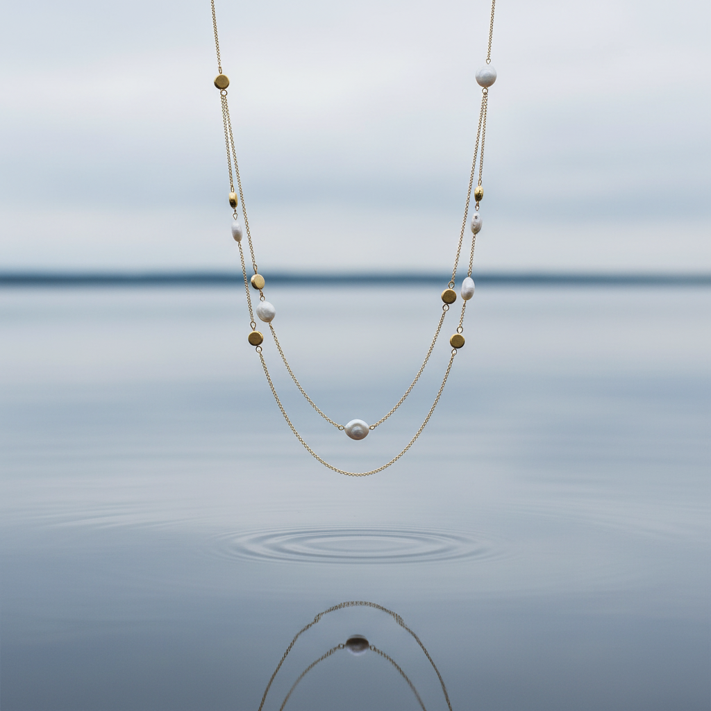 Lange witte parelketting met goud verguld zilver hangend boven water - Marceline