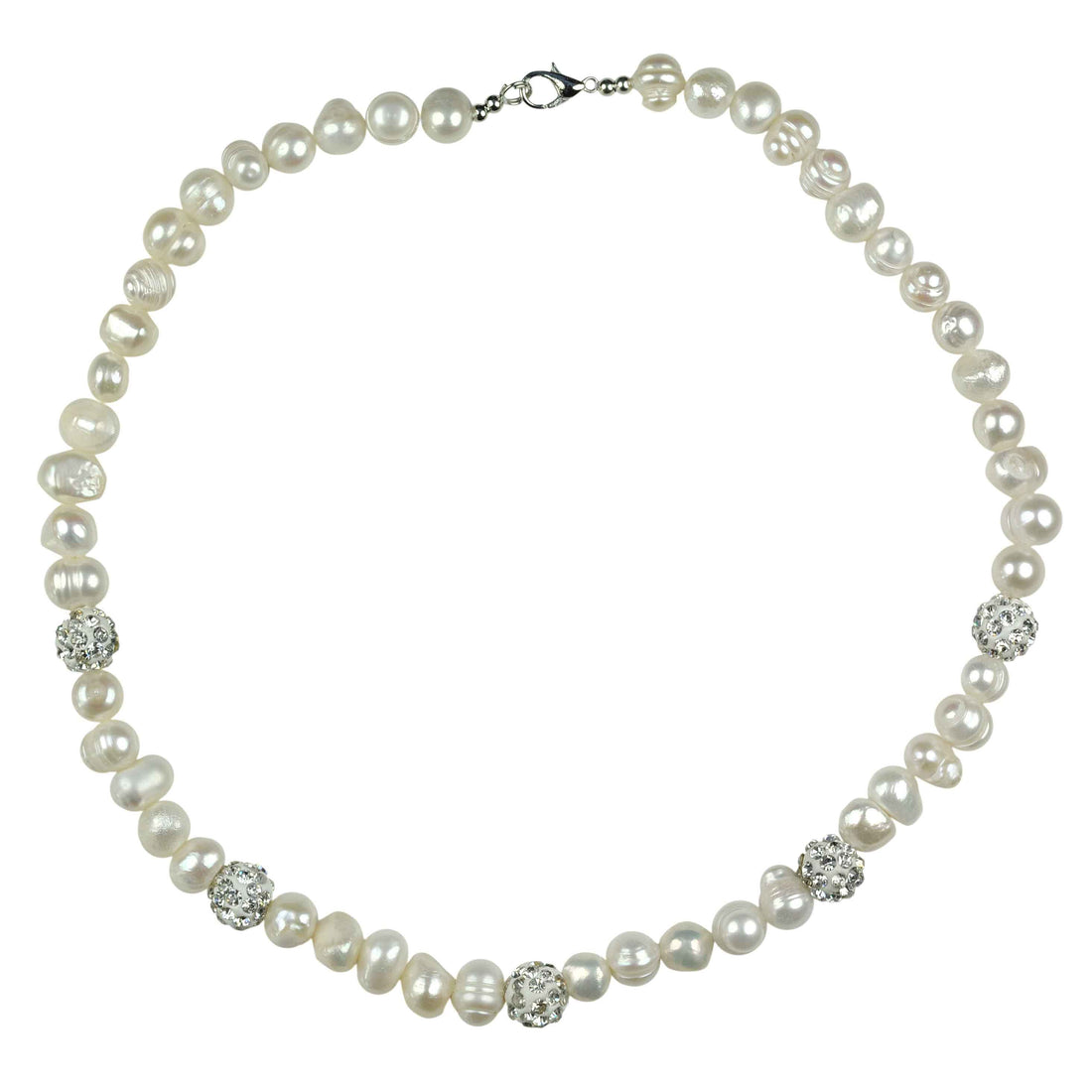 Zoetwater parelketting met witte parels, stras steentjes en sterling zilver (925) | Maxima