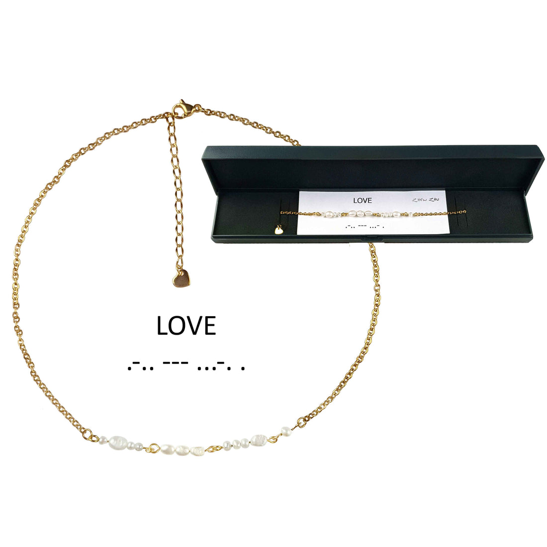 Zoetwater parelketting met goud edelstaal en witte parels die het woord LOVE in morse code weer geeft in mooi sieradendoosje | Morse Code Love Pearl Gold