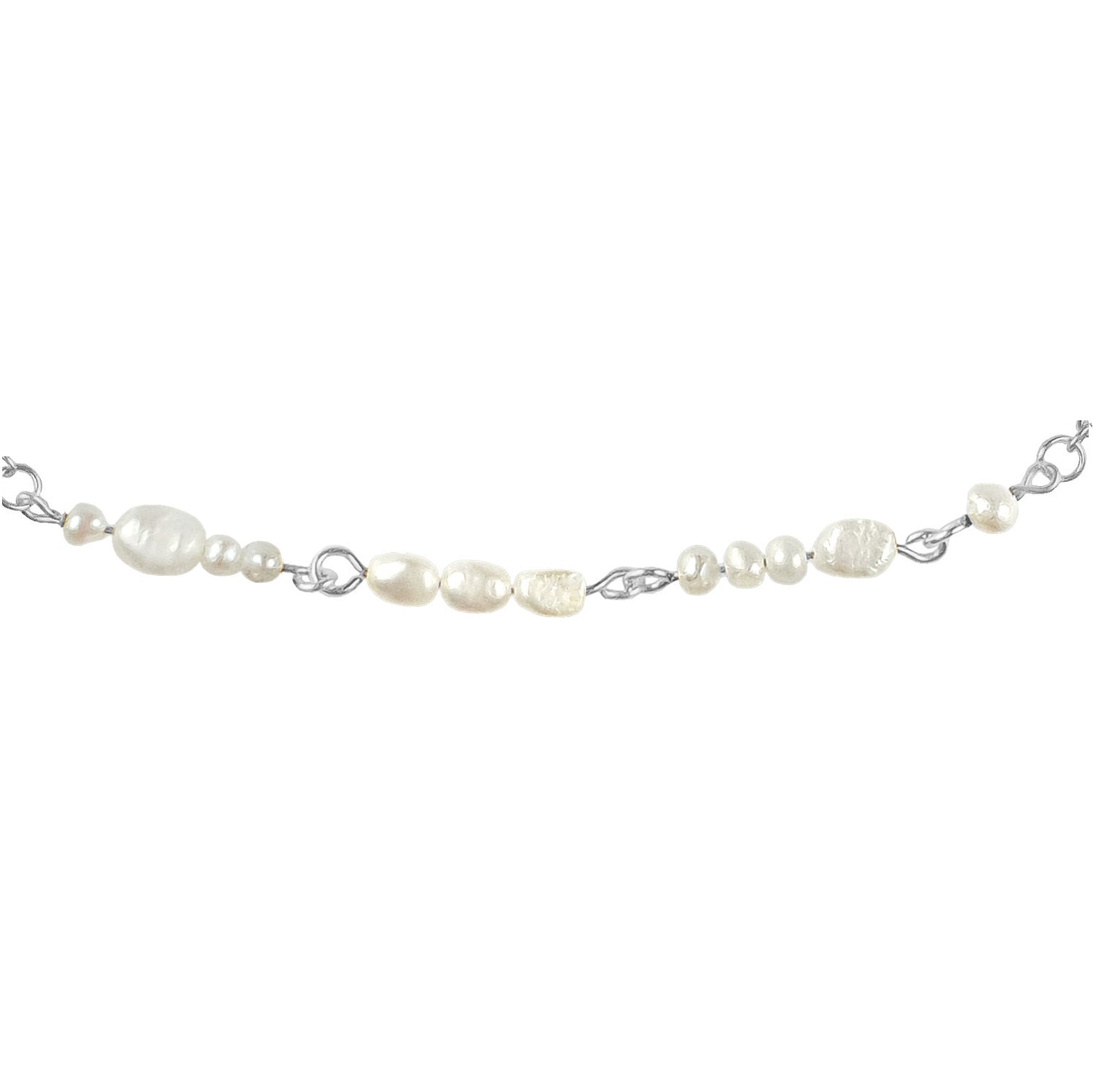 Detail van zoetwater parelketting met zilver edelstaal en witte parels die het woord LOVE in morse code weer geeft | Morse Code Love Pearl Silver