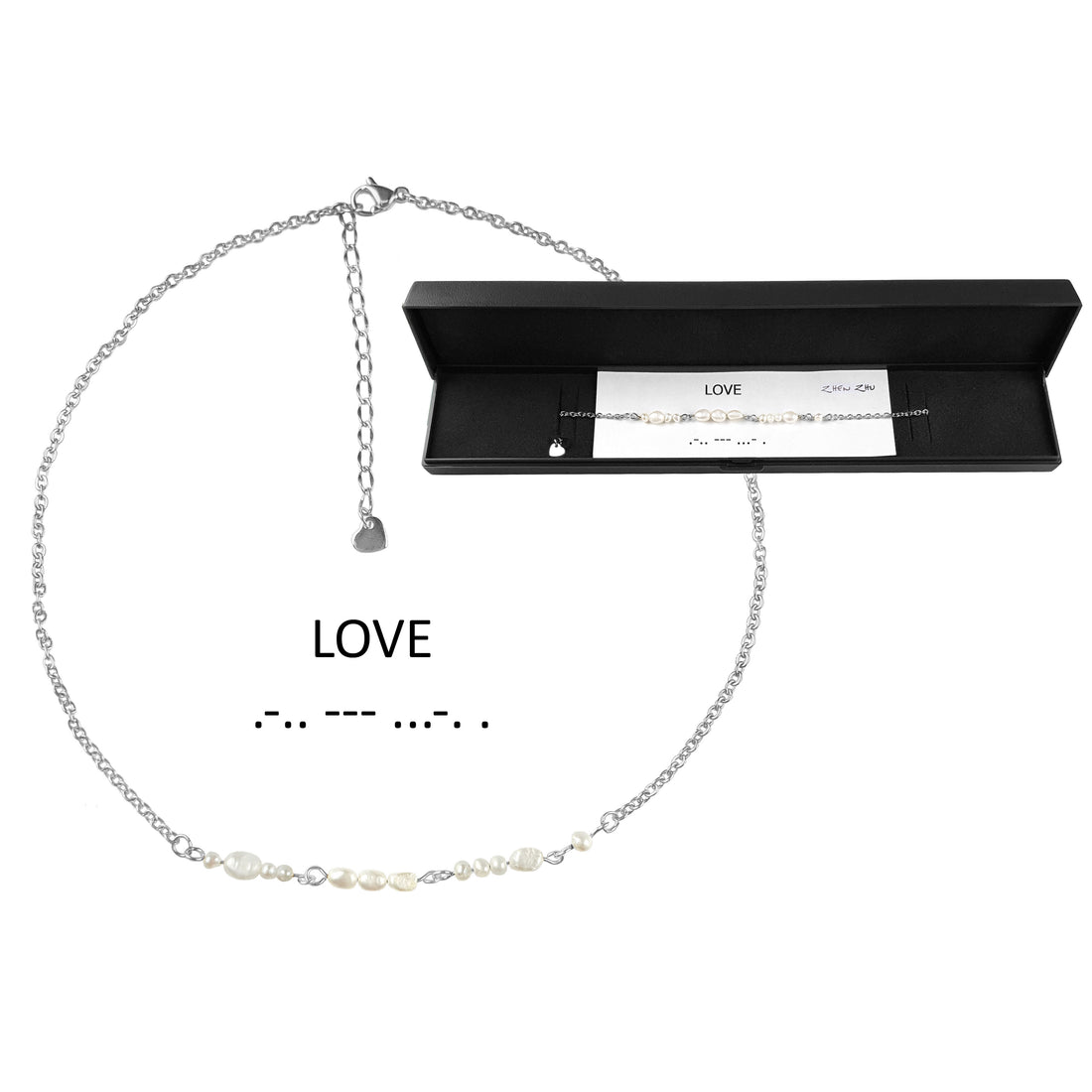 Zoetwater parelketting met zilver edelstaal en witte parels die het woord LOVE in morse code weer geeft in mooi sieradendoosje | Morse Code Love Pearl Silver