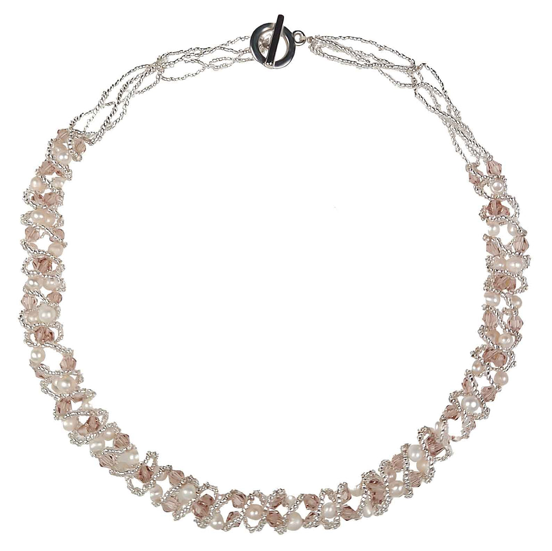 Witte zoetwater parelketting met beige glaskristallen | set Pearl Crystal Clear