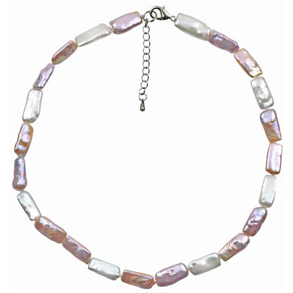 Zoetwater parelketting met rechthoekige witte, zalm en roze parels en sterling zilver (925) | Pearl Rectangle Soft Colors