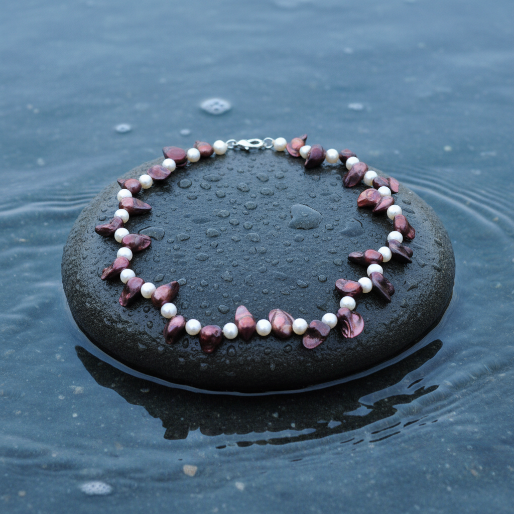 Zoetwater parelketting met witte en rood bruine parels en sterling zilveren slotje liggend op steen | Purple Lady