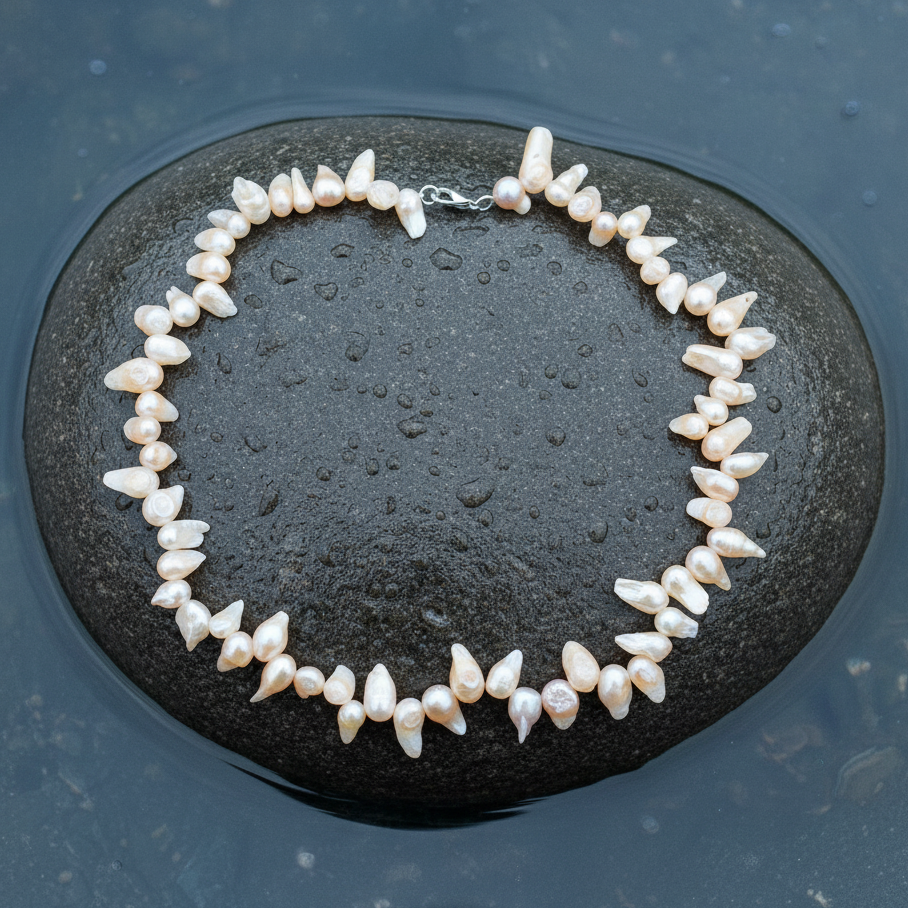 Zoetwater parelketting met zalm kleurige parels en sterling zilver (925) liggend op steen in water | Suzet