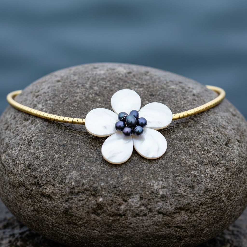 Zoetwater parelketting met parelmoeren bloem aan goud edelstalen ketting liggend op sten close up | set Fleury B Gold