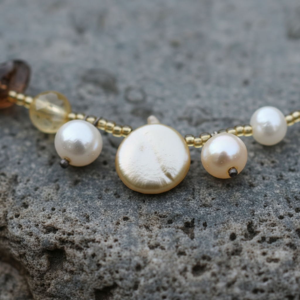 Zoetwater parelketting met citrien, bergkristal en magneetslotje close up van coin parel | Fini