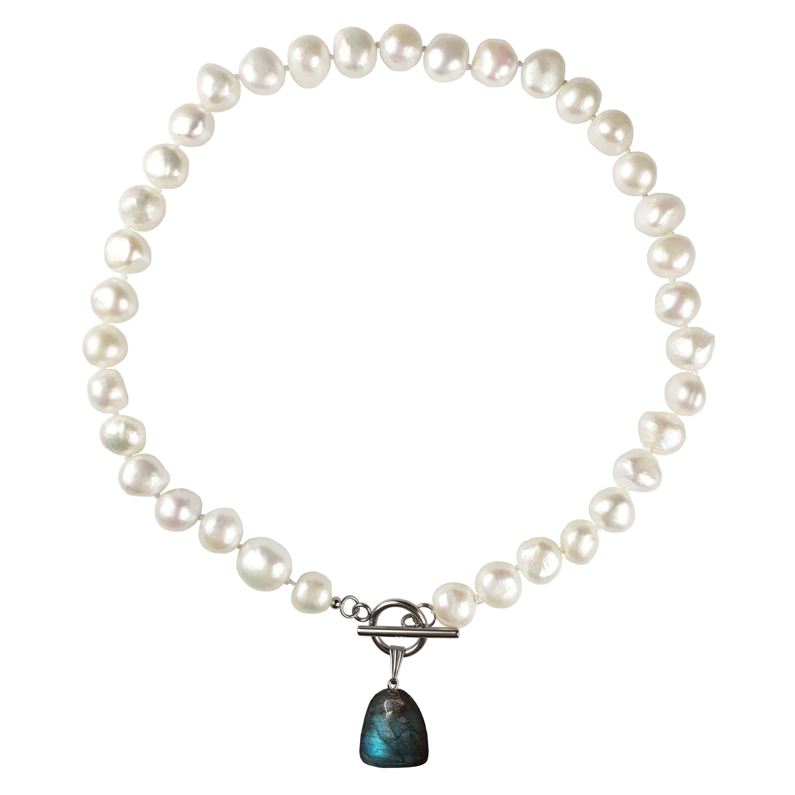 Witte zoetwater parelketting met labradoriet hanger en zilver edelstaal | Toggle Big Pearl Labradorite