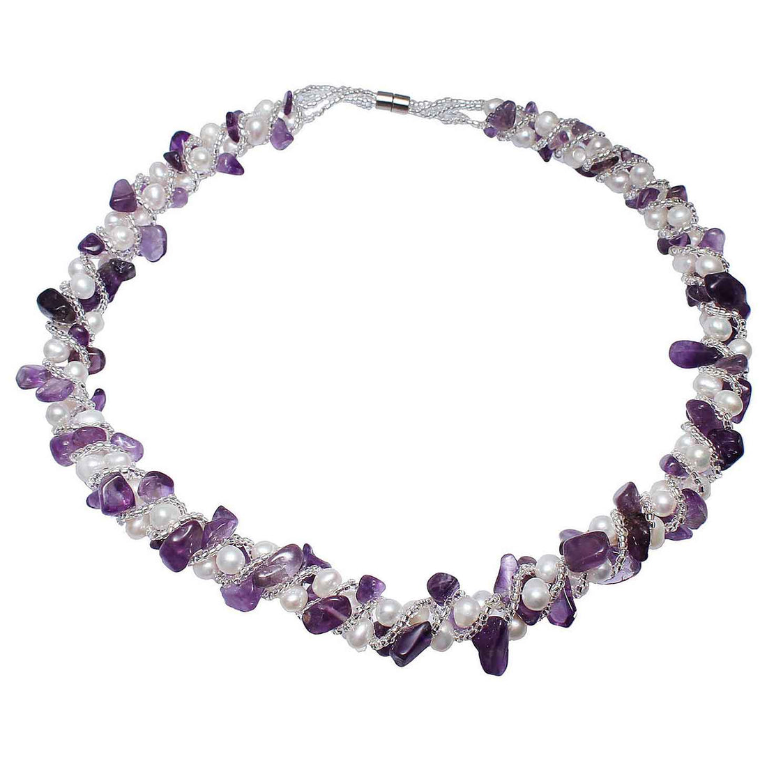 Zoetwater parelketting met witte parels, paarse edelsteen amethist en magneetslotje | Pearl White Amethyst