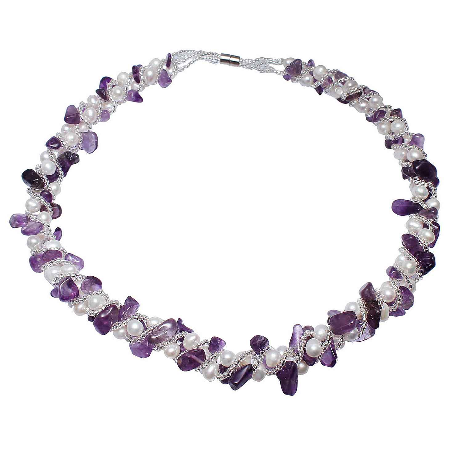 Zoetwater parelketting met witte parels, paarse edelsteen amethist en magneetslotje | Pearl White Amethyst