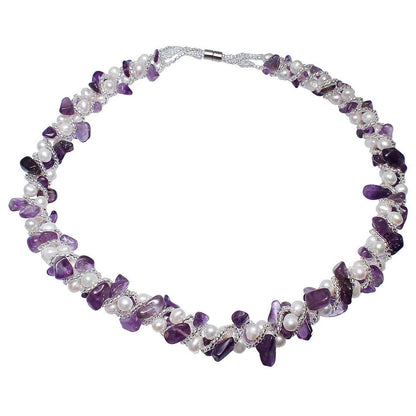 Zoetwater parelketting met witte parels, paarse edelsteen amethist en magneetslotje | Pearl White Amethyst