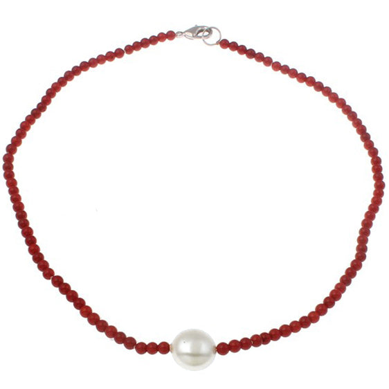 Witte zoetwater parelketting met rood koraal en sterling zilveren slotje | Coral One Pearl W