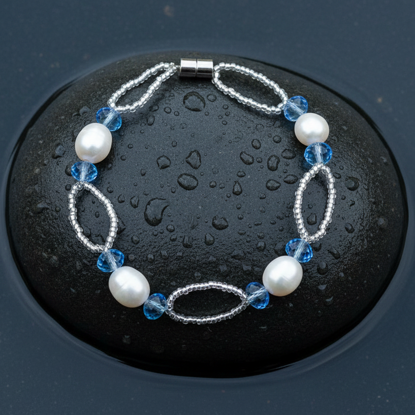 Wit zoetwater parel armband met blauwe kristallen en magneetslotje liggend op natte steen | Blacio