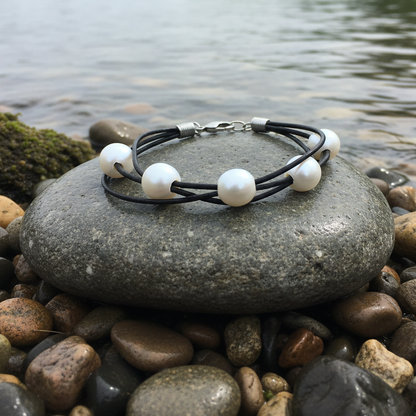 Wit zoetwater parel armband met zwart leer en sterling zilver (925) liggend op steen in water | Black Leather 5 Pearl