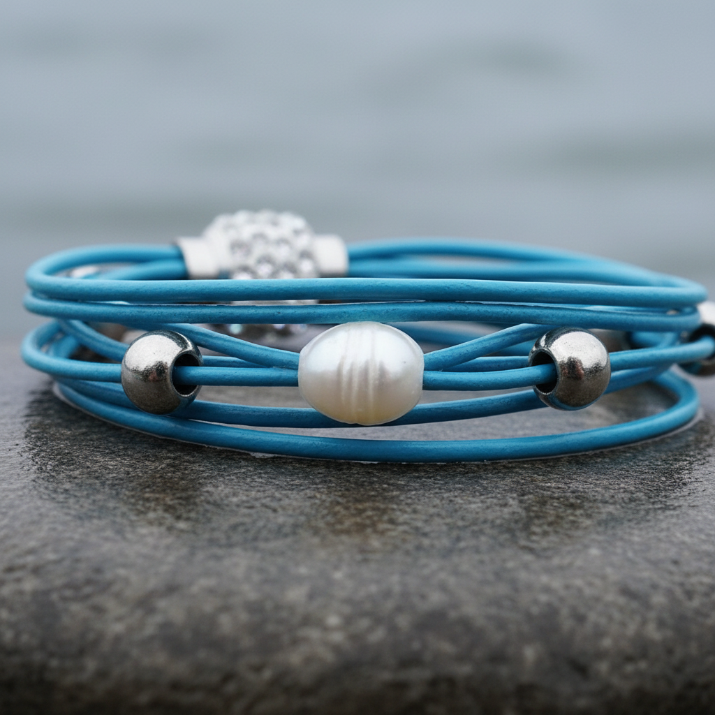 Wit zoetwater parel armband met blauw leer, magneetslot en stras steentjes liggend op steen in water detail | Bling Pearl Aqua
