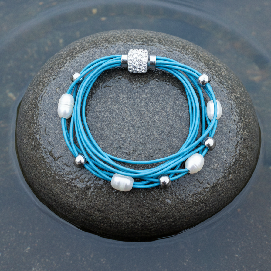 Wit zoetwater parel armband met blauw leer, magneetslot en stras steentjes liggend op steen in water | Bling Pearl Aqua