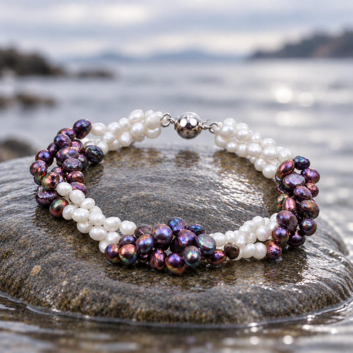 Zoetwaterparel armband met 3 rijen witte en paarse parels en veiligheidslotje liggend op steen in water | Branca