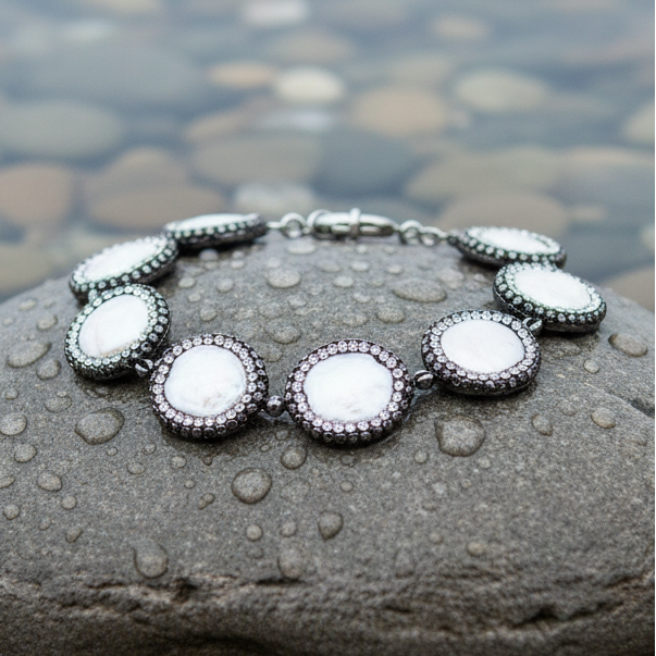 Wit zoetwater parel armband met stras steentjes liggend op natte steen | Bright Coin Pearl