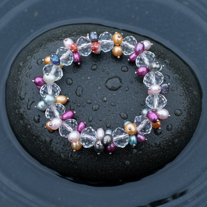 Zoetwater parel armband met bont gekleurde parels en kristal liggend op steen in water, elastisch | Colorfull Crystal