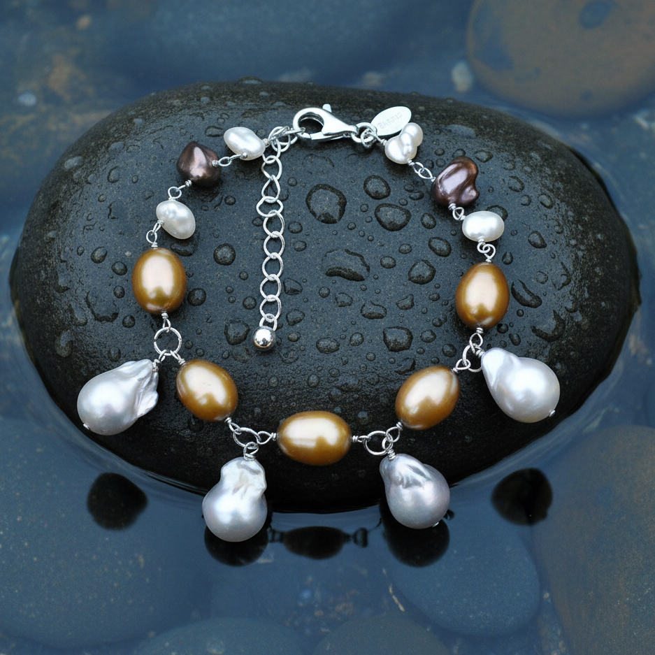 Zoetwater parel armband met grijze, bruine en witte parels op steen in water | Daisy