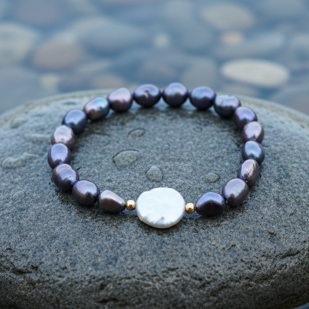Zoetwater parel armband met blauw-paarse en witte parels liggend op steen, elastisch | Danisa