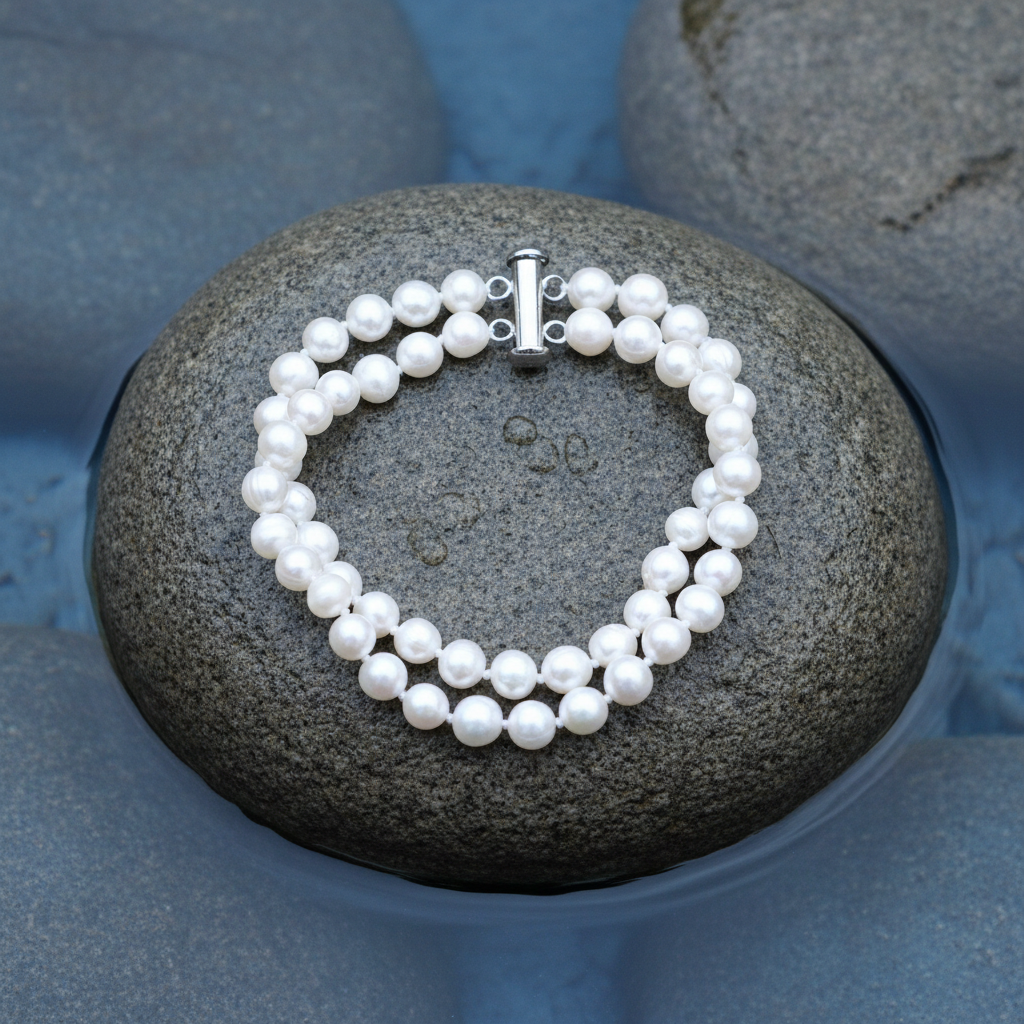 Wit zoetwater parel armband in 2 rijen liggend op steen in water | Dederique