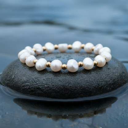Wit zoetwater parel armband met goud edelstaal liggend op steen in water close up | Esra