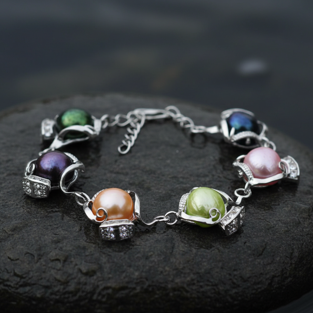 Zoetwater parel armband met bont gekleurde parels liggend op steen close up | Evita Color 