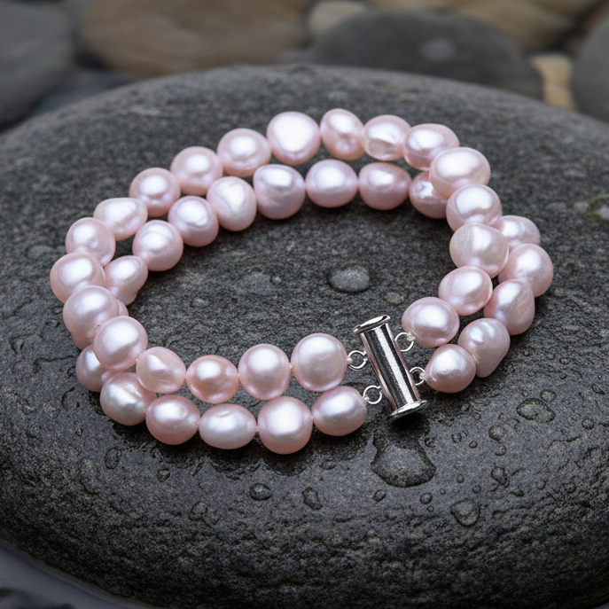 Roze zoetwater parel armband met 2 rijen liggend op natte steen | Frederique P