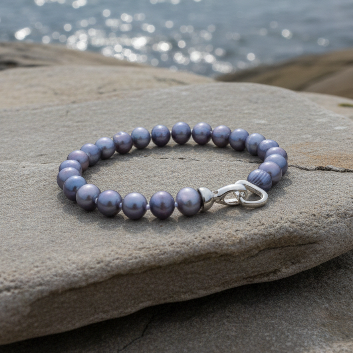 Handgeknoopt zoetwater parel armband met blauw-grijze parels liggend op steen in water | Grizelle