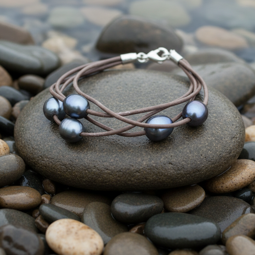 Donkere zoetwater parel armband met bruin leer en sterling zilver (925) liggend op steen in water | Leather Pearl Dark