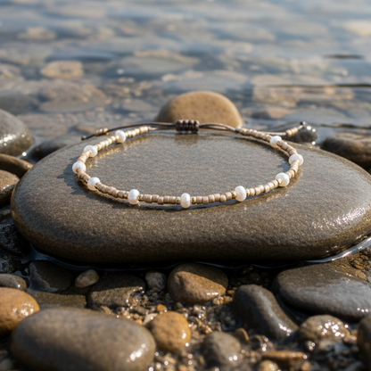 Wit zoetwater parel armband, schuifarmband liggend op steen in water | Mini Pearl Bead Gold