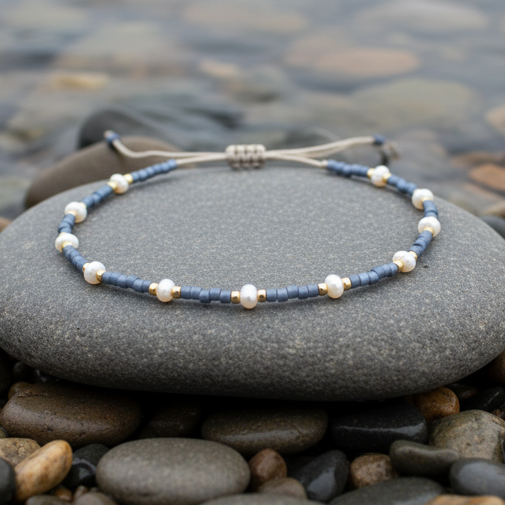 Wit zoetwater parel armband met blauwe en gouden kraaltjes en schuifsluiting liggend op steen in water | Mini Pearl Bead Pursian Blue 