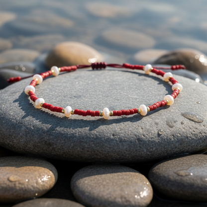 Wit zoetwater parel armband met rode en gouden kraaltjes en schuifsluiting liggend op steen in water | Mini Pearl Bead Red