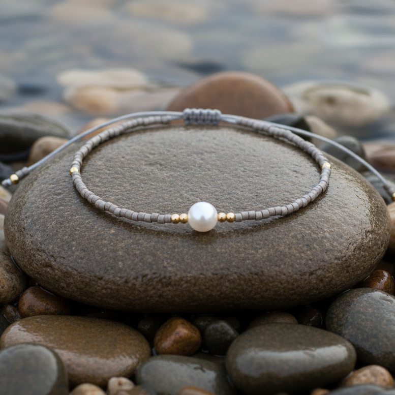 Wit zoetwater parel armband met leverkleurige kraaltjes liggend op steen in water | Mini Pearl One Liver Color