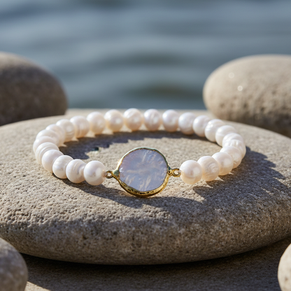 Wit zoetwater parel armband met gouden coin parel liggend op steen, elastisch | One Gold Coin Pearl