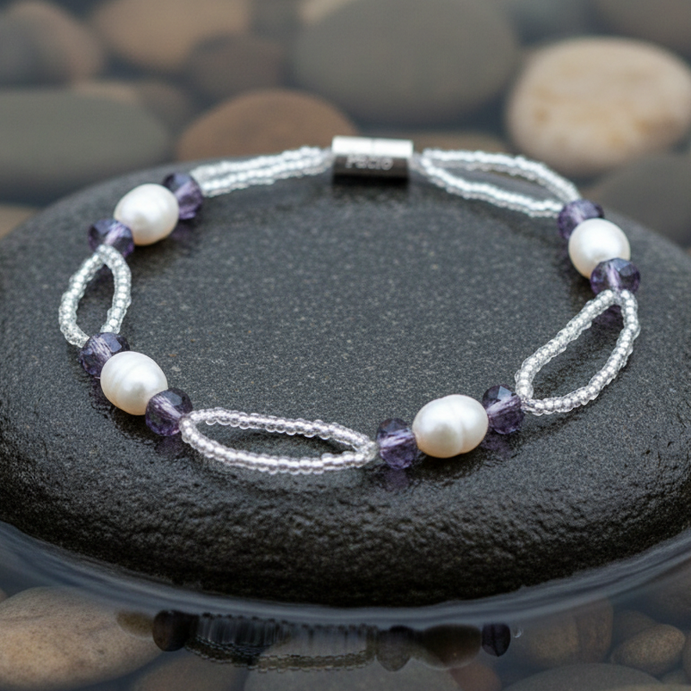 Wit zoetwater parel armband met paarse kristallen en magneetslot | Pacio