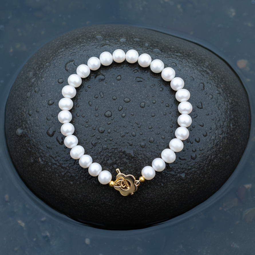 Wit zoetwater parel armband met gouden bloem slotje liggend op steen in water | Pearl Golden Flower