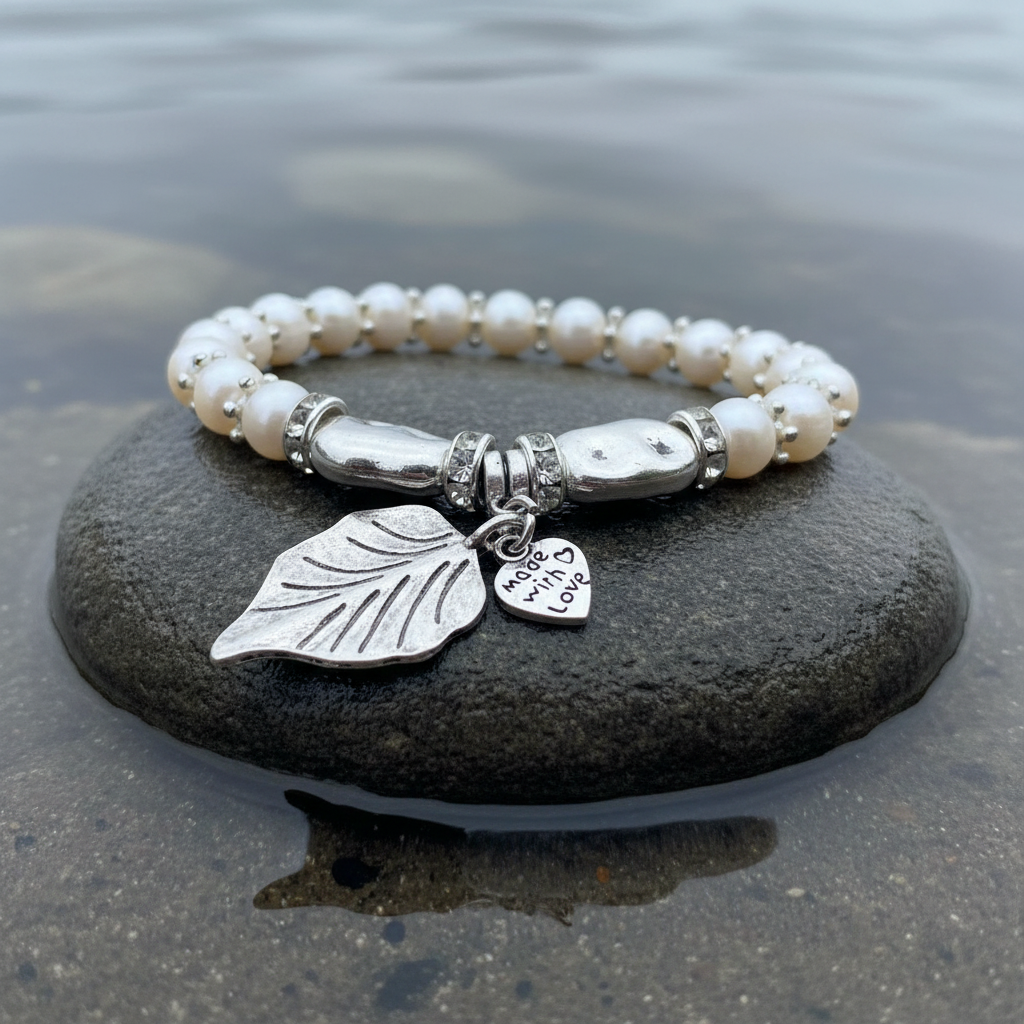Wit zoetwater parel armband met zilveren hartje en blaadje liggend op steen in water close up, elastisch | Pearl Leaf