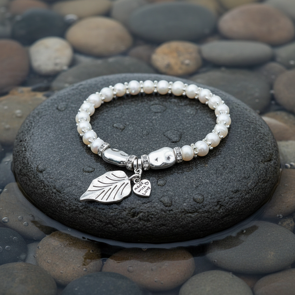 Wit zoetwater parel armband met zilveren hartje en blaadje liggend op steen in water, elastisch | Pearl Leaf