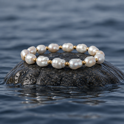 Wit zoetwater parel armband met rose goud, elastisch wit parel armband op steen in water | Pearl Rosé