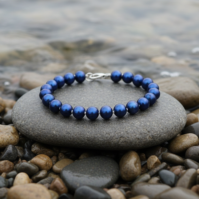 Handgeknoopte zoetwater parel armband met cobalt blauwe parels liggend op steen in water | Pearl Royal Blue
