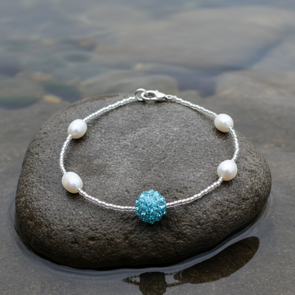 Wit zoetwater parel armband met blauwe stras steentjes liggend op natte steen | Pearl Stras Ball Aqua