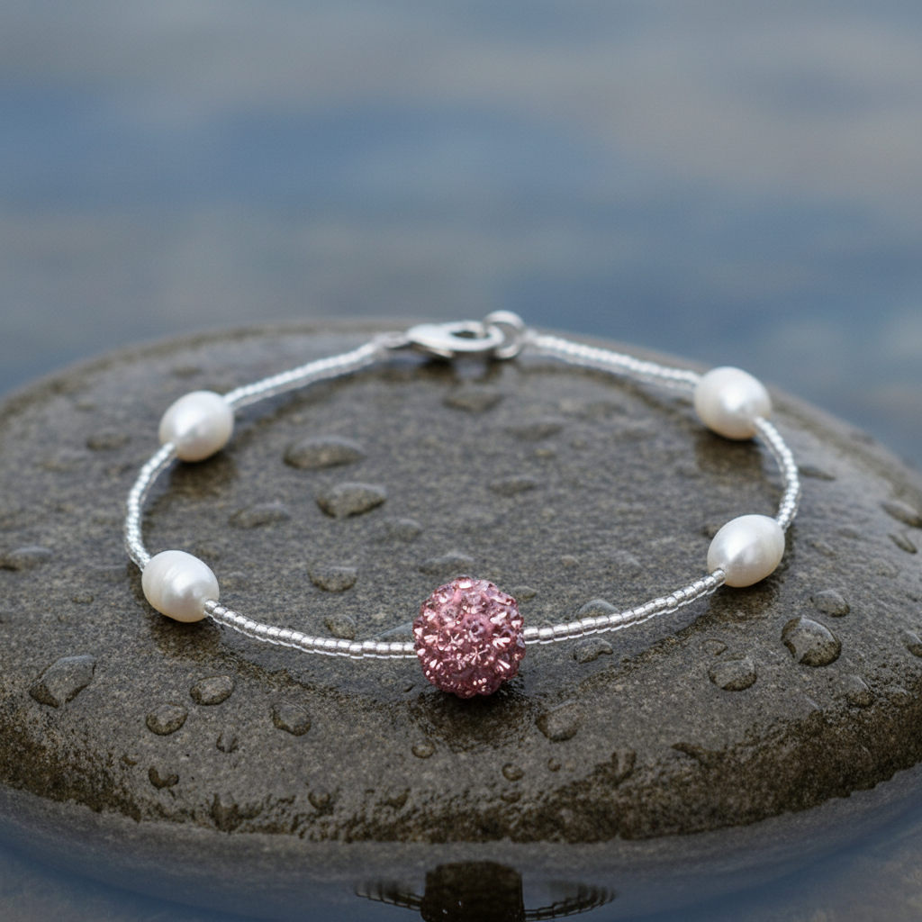 Wit zoetwater parel armband met roze stras steentjes | Pearl Stras Ball Pink